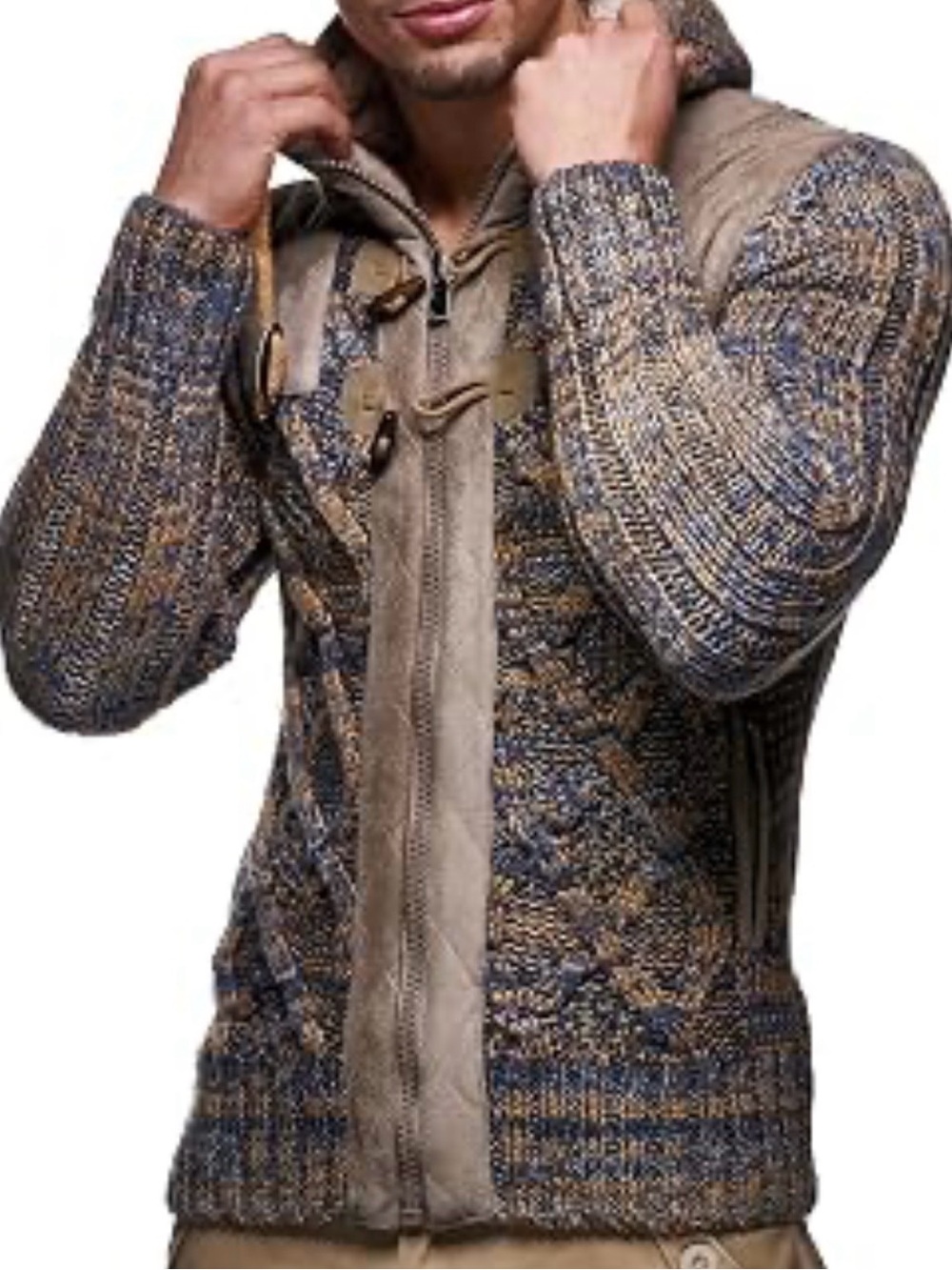 LEIF NELSON wool blend Men's Hooded Zip-up Jacket Cable Knit toggle